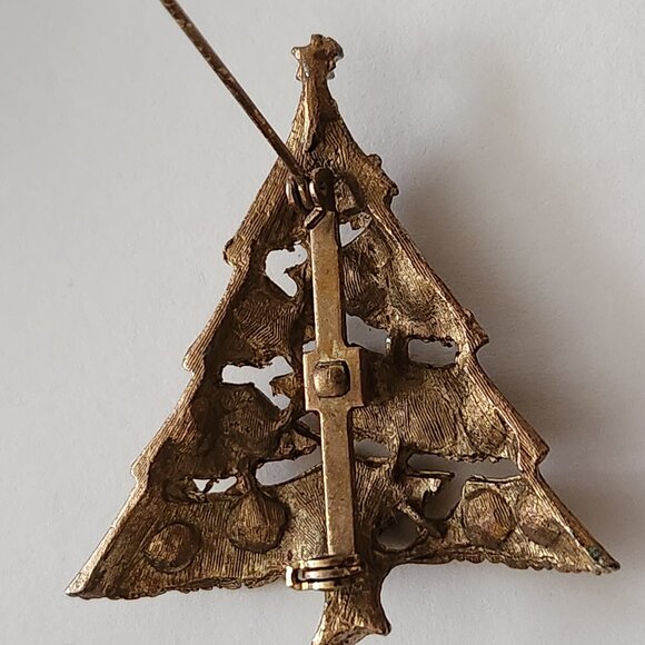 Vintage Christmas Tree Brooch Gold-Tone Metal Colored Rhinestones - Picture 6 of 6